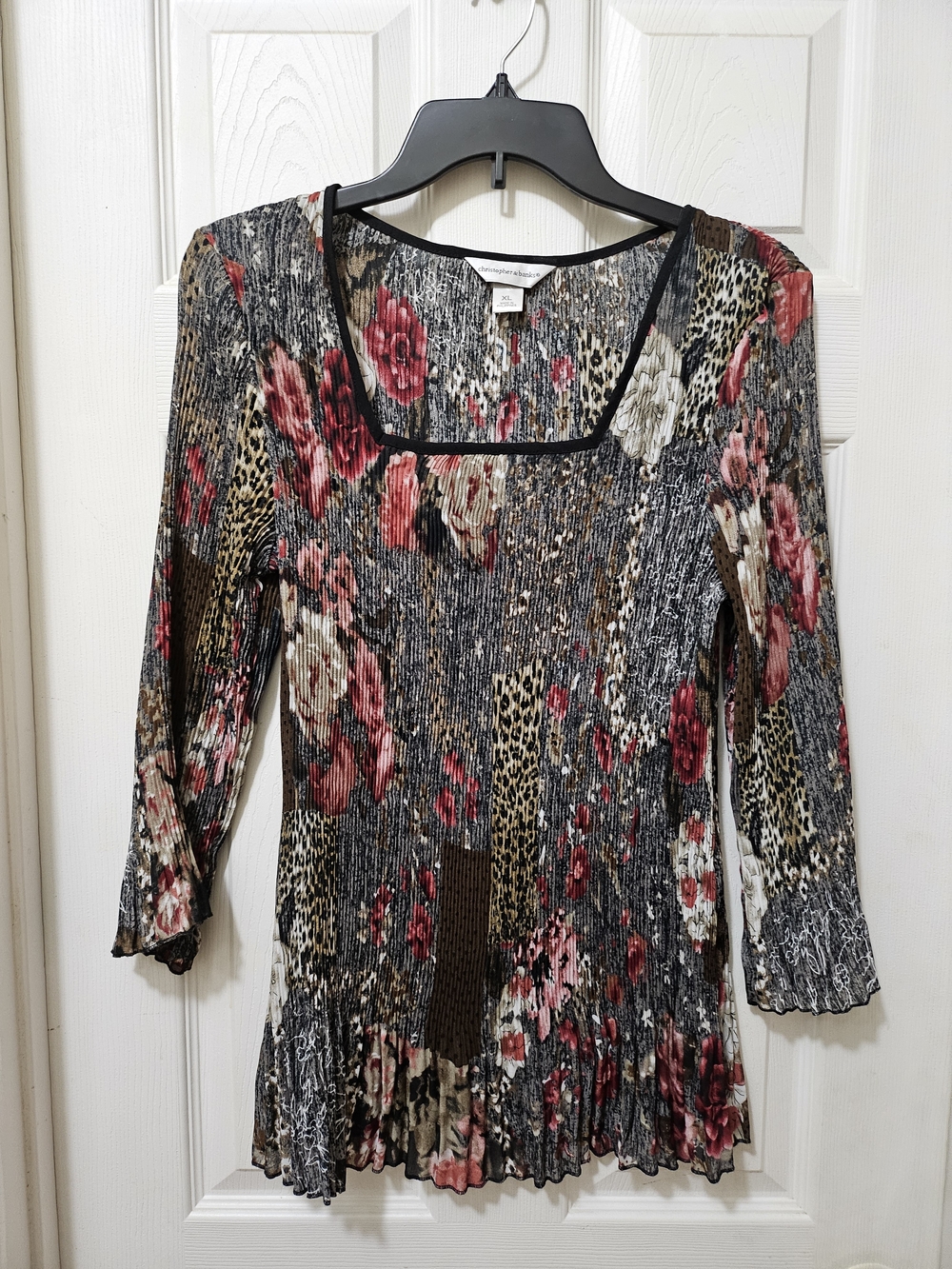 Christopher & Banks Floral Leopard Print Pleated Top in Black, Red, Brown